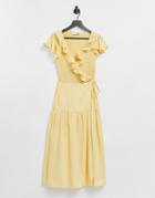 Asos Design Shirred Bodice Wrap Midi Dress In Yellow