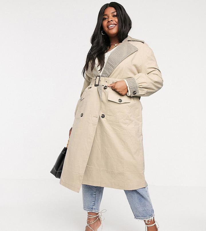Neon Rose Plus Oversized Trench Coat With Check Contrast Collar
