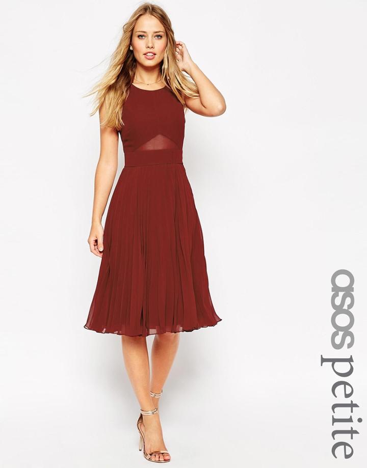Asos Petite Sheer And Solid Pleated Midi Dress - Oxblood
