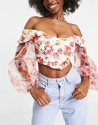 Asos Design Fallen Shoulder Top With Organza Sleeve In Pink Floral Print-multi