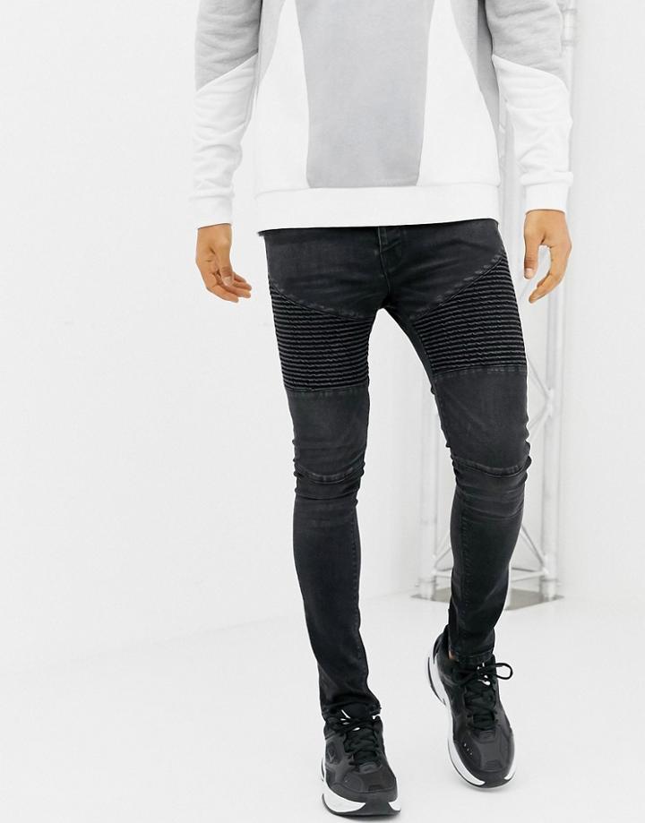 Voi Jeans Super Skinny Biker Jeans In Washed Black Black