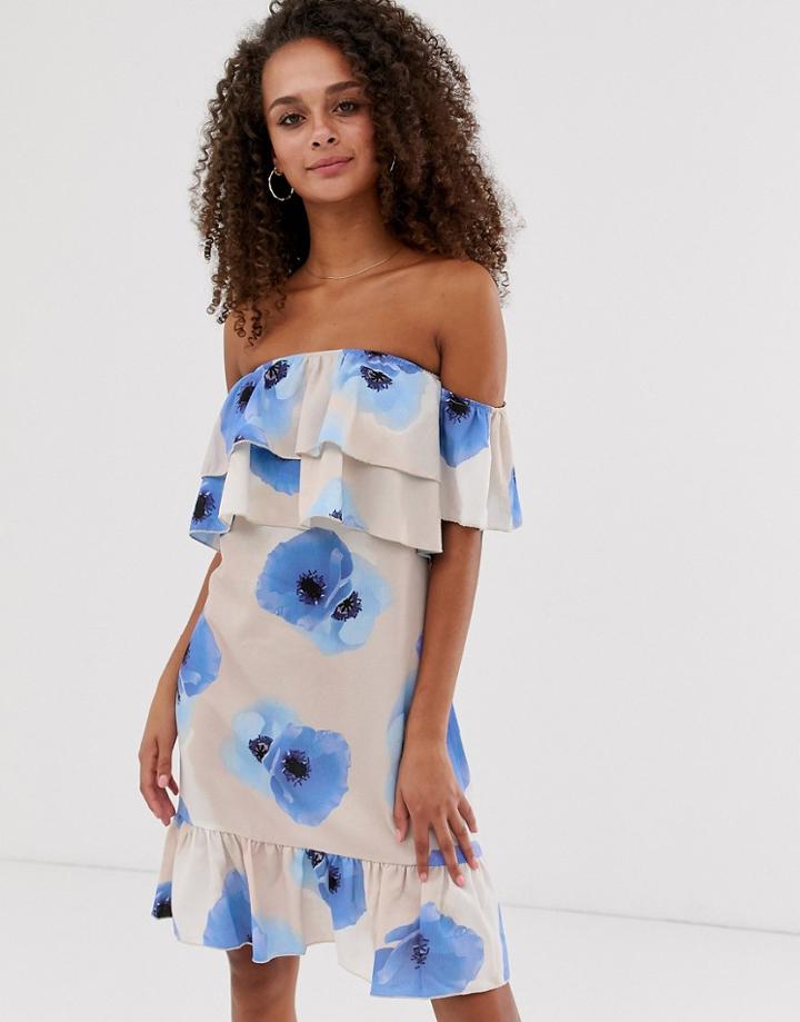 Parisian Bandeau Frill Dress In Poppy Print - Cream