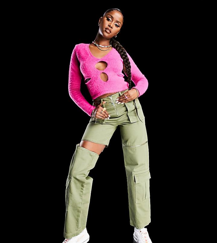 Asyou Cargo Jean With Pockets In Khaki-green