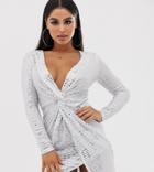 Flounce London Petite Metallic Wet Look Mini Dress In White Silver - Silver