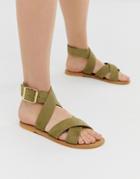 Asos Design Flossy Leather Cross Strap Flat Sandals In Khaki - Green