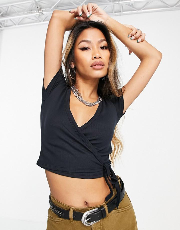 Topshop Short Sleeve Ballet Wrap Cardigan In Black