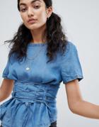Noisy May Denim Top With Corset Detail - Blue