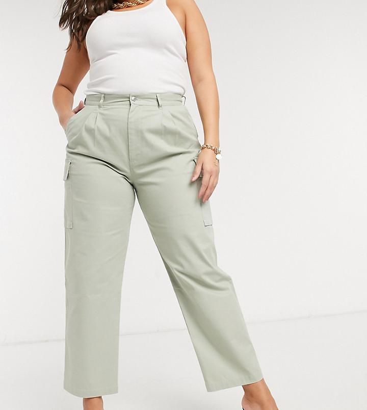 Asos Design Curve Pleat-front Chino With Cargo Pockets In Sage-green