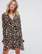 Liquorish Leopard Print Wrap Ruffle Dress - Black