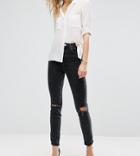 Asos Design Tall Farleigh High Waist Slim Mom Jeans In Washed Black With Busted Knees - Black