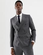 Moss London Skinny Double Breasted Suit Jacket In Wool Mix Stripe - Gray