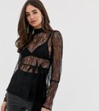 Asos Tall Premium Lace Blouse With High Neck-black