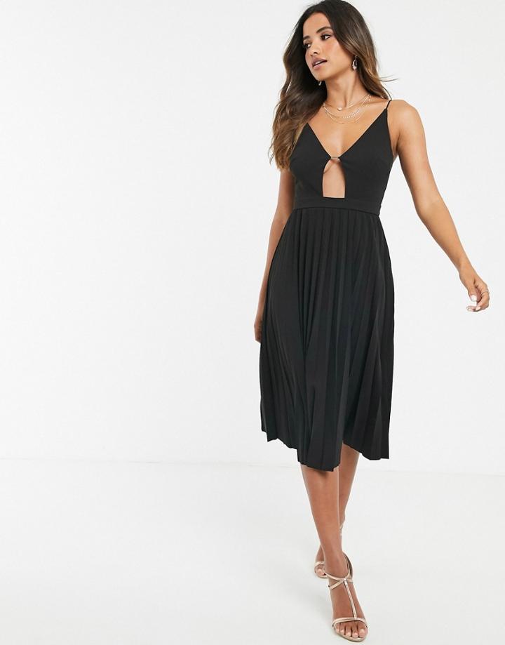 Asos Design Minimal Pleated Midi Dress With Gold Bar Detail-black