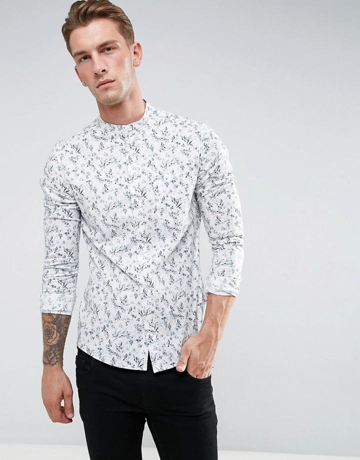 Asos Skinny Bird Print Shirt With Grandad Collar - Beige