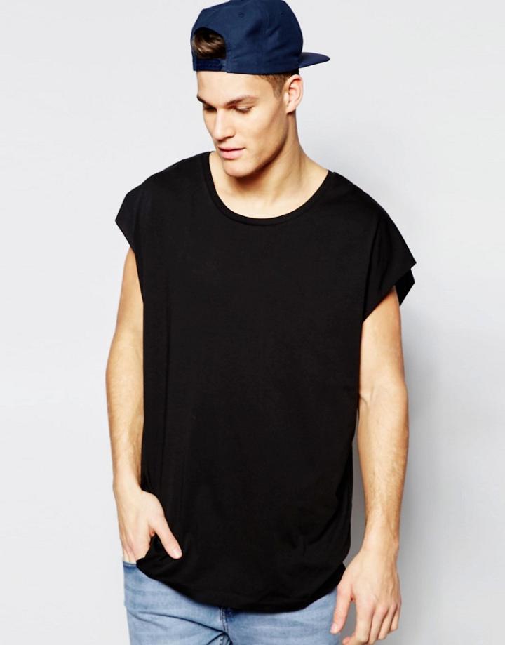 Asos Super Oversized T-shirt With Sccop Neck And Raw Sleeves In Black - Black