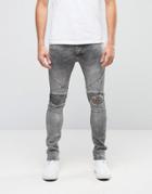 Religion Biker Jeans With Rip Repair Knee Detail In Skinny Fit With Stretch - Gray