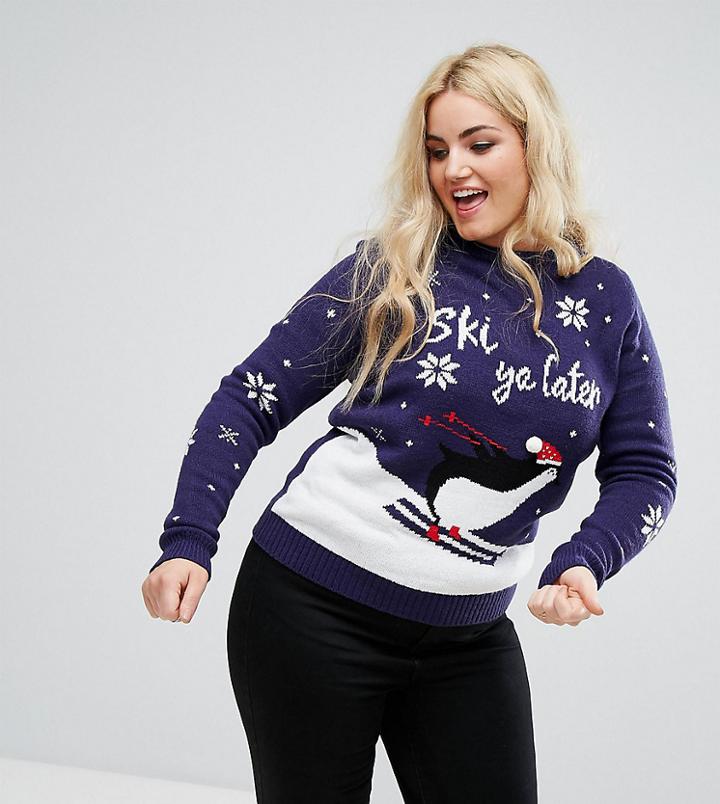 Brave Soul Plus Ski Ya Later Holidays Sweater - Navy