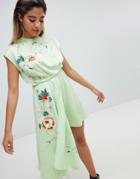 Asos Design Romper With Drape Side And Embroidery - Green