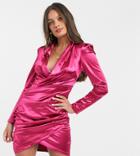 Club L London Petite Satin Plunge Front Asymmetric Mini Dress In Hot Pink