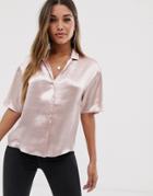 Asos Design Bowling Shirt In High Shine Satin - Pink