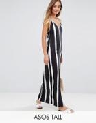 Asos Tall Maxi Dress With V Back In Blurred Stripe - Multi
