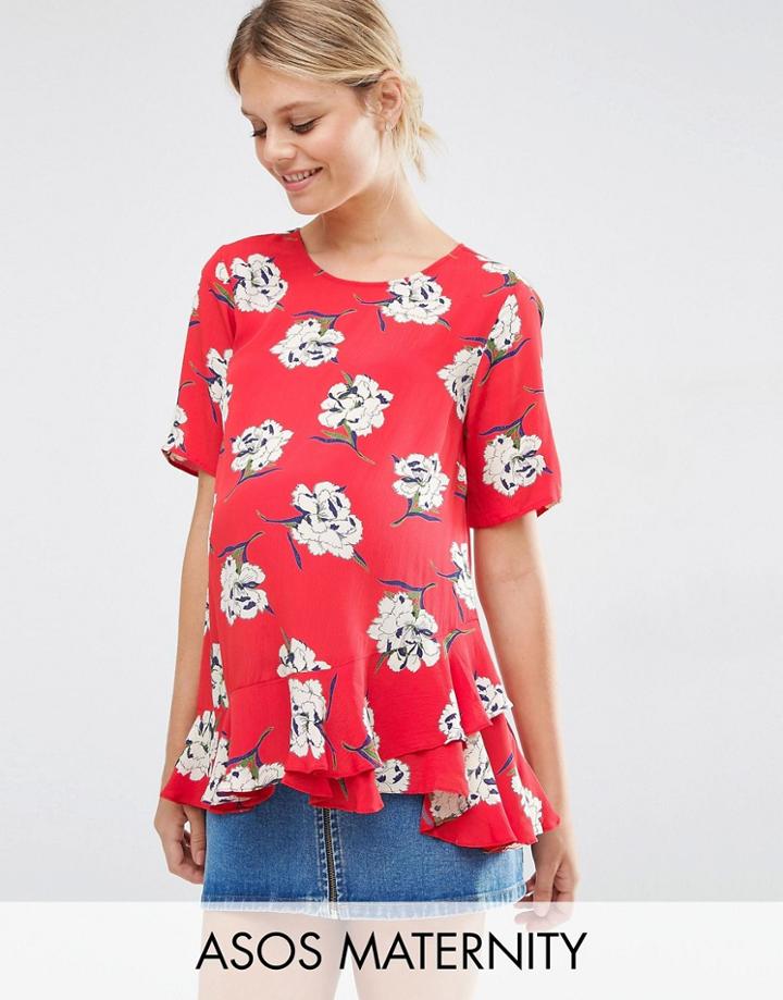 Asos Maternity T-shirt In Floral With Ruffle Hem - Multi