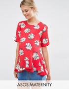 Asos Maternity T-shirt In Floral With Ruffle Hem - Multi