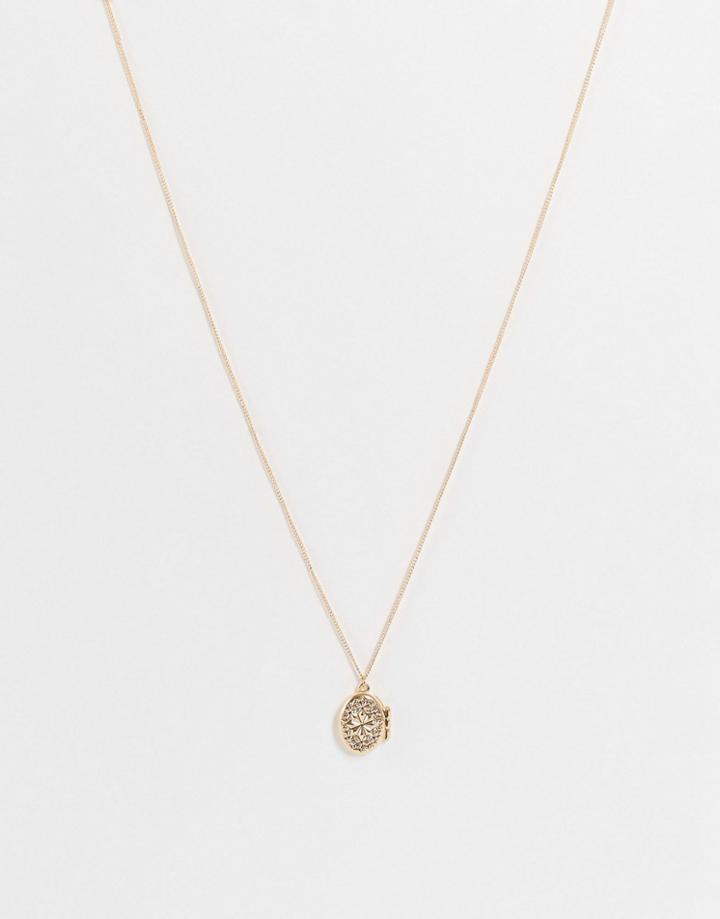 Asos Design Necklace With Engraved Locket Pendant In Gold Tone