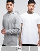 Asos Longline Zip Up Hoodie/ Longline T-shirt 2 Pack Gray Marl/ White