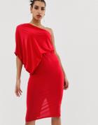 Asos Design One Shoulder Drape Pencil Dress-red