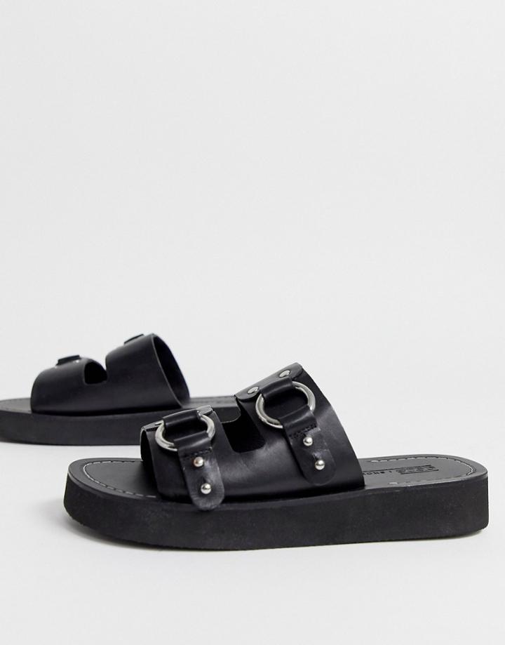Asos Design Ficton Premium Leather Hardware Flat Sandals In Black - Black