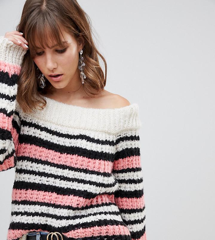 River Island Off The Shoulder Sweater In Pink Stripe - Pink