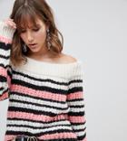 River Island Off The Shoulder Sweater In Pink Stripe - Pink