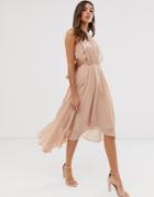 Asos Design Midi Dress In Satin And Crepe With Lace Trim And Tie Waist - Beige