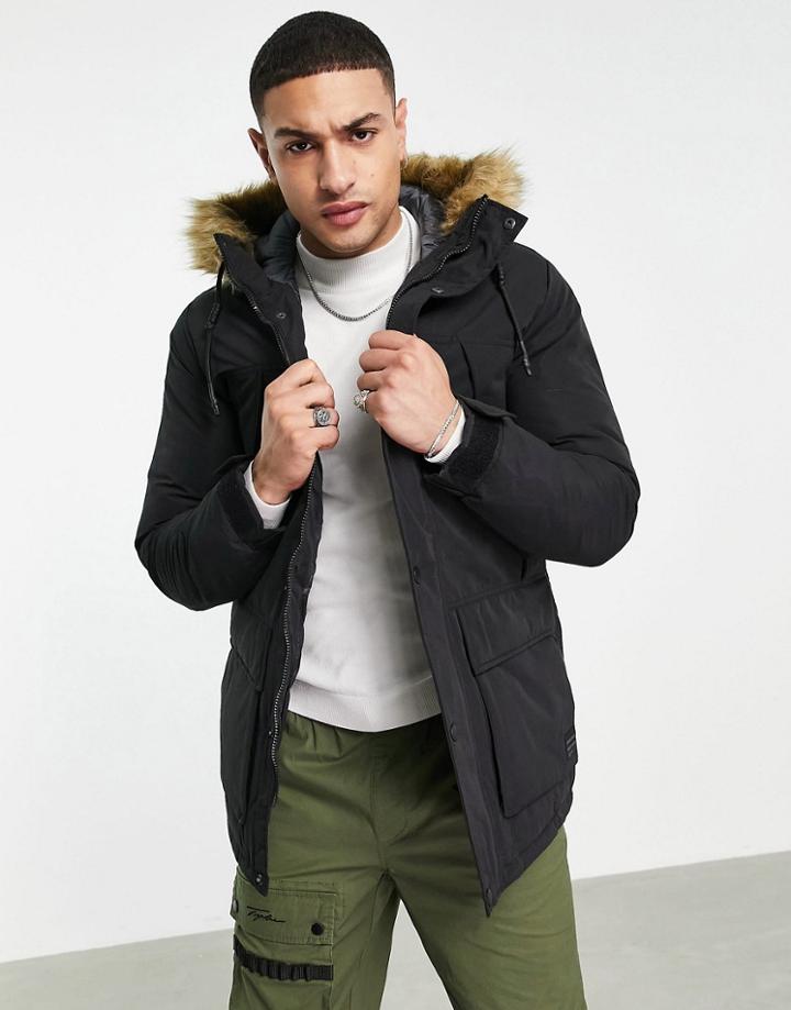 Jack & Jones Originals Parka With Faux Fur Lined Hood In Black