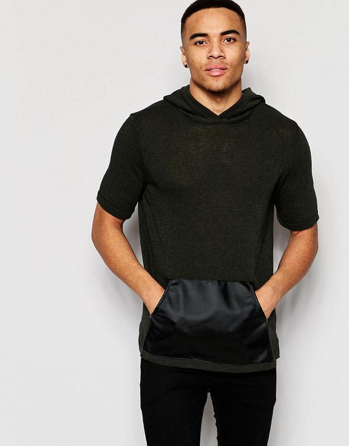 Asos Knitted Hoody Tshirt With Leather Look Pocket - Loden