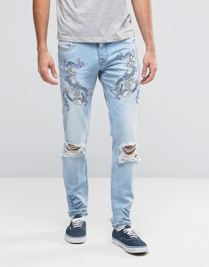 Asos Skinny Jeans With Embroidery In Light Blue - Black