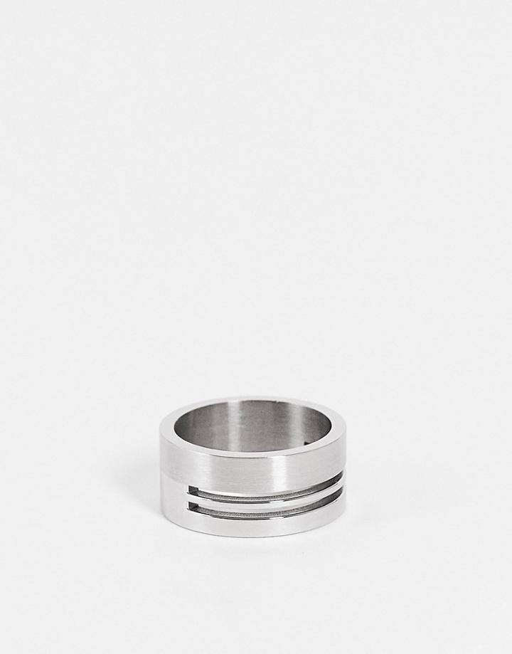 Asos Design Waterproof Stainless Steel Band Ring With Cut Out Line Detail In Silver Tone
