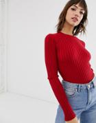 Asos Design Crew Neck Sweater In Skinny Rib - Red