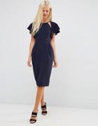 Asos Wiggle Dress With Frill Sleeve And Cut Out Detail - Navy