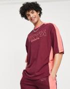 Asos Design Oversized T-shirt With Varsity Print In Burgundy And Pink Color Block - Part Of A Set-red
