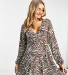 Pull & Bear Long Sleeved Wraparound Dress In Brown Zebra Print-multi