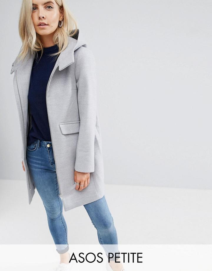 Asos Petite Hooded Slim Coat With Zip Front - Gray