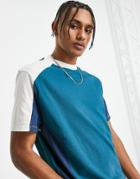 Asos Design Oversized T-shirt In Blue And Ecru Color Block-green