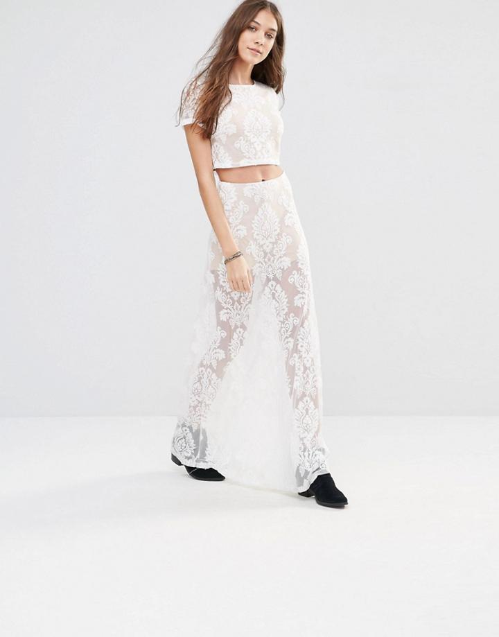 Honey Punch Maxi Skirt With Sheer Lace Paisley Print Co-ord - Cream