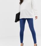 Asos Design Maternity Petite Ridley High Waisted Skinny Jeans In Dark Stone Wash With Raw Hem With Under The Bump Band-blue