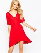 Love Plunge Skater Dress With Fluted Kimono Sleeve - Red