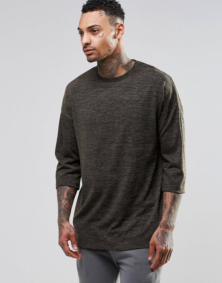Asos Knitted Jersey Oversized 3/4 Sleeve T-shirt - Khaki