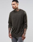 Asos Knitted Jersey Oversized 3/4 Sleeve T-shirt - Khaki