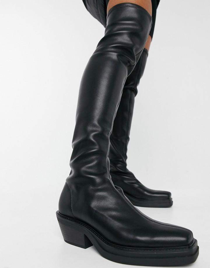 Pull & Bear Pull On Stretch High Leg Boots In Black